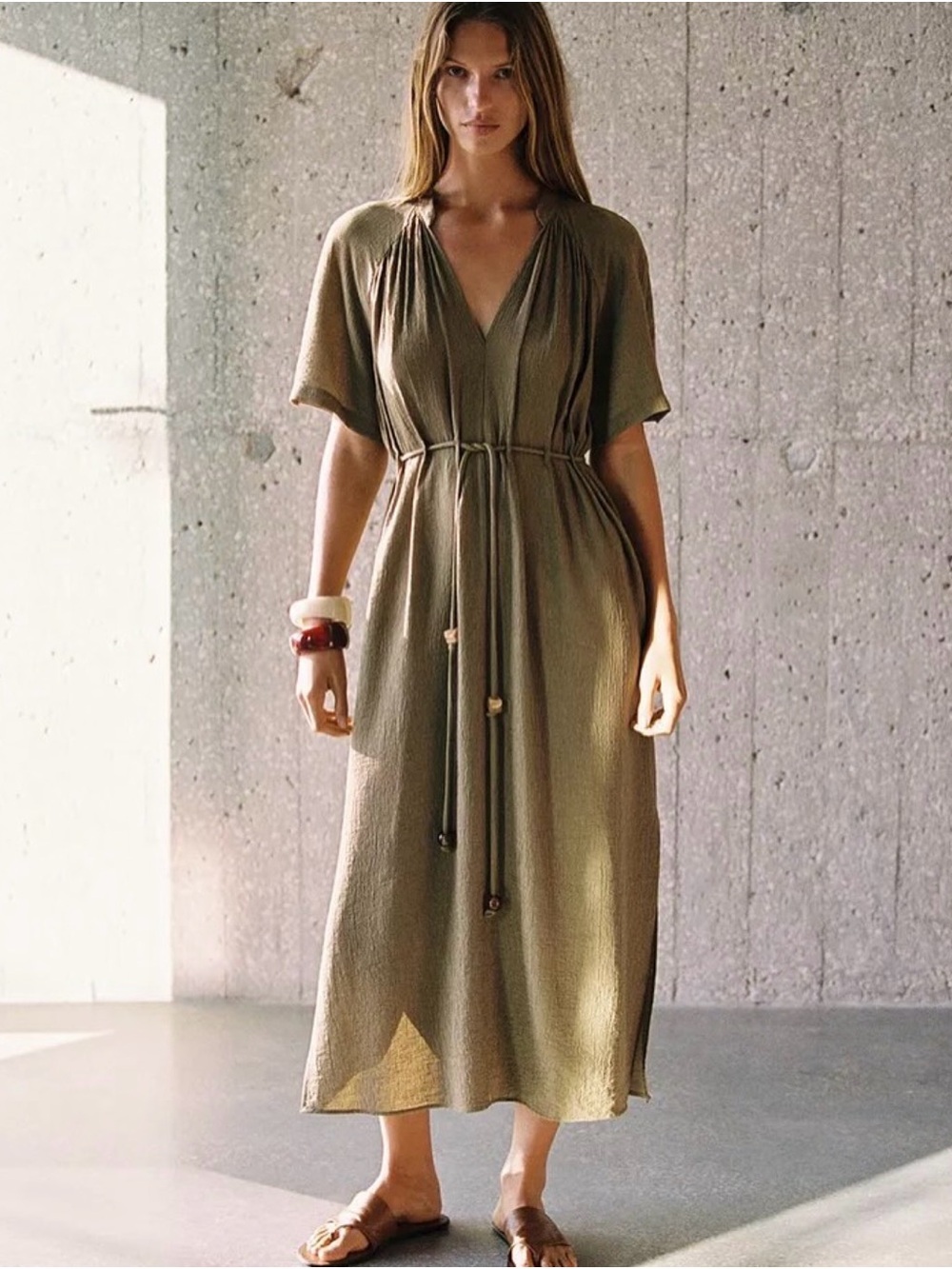 Zara Olive Green V-Neck Drawstring Maxi Dress